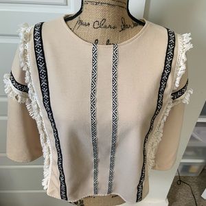 Quarter-sleeved Tan and Black Top with Fringe Accents